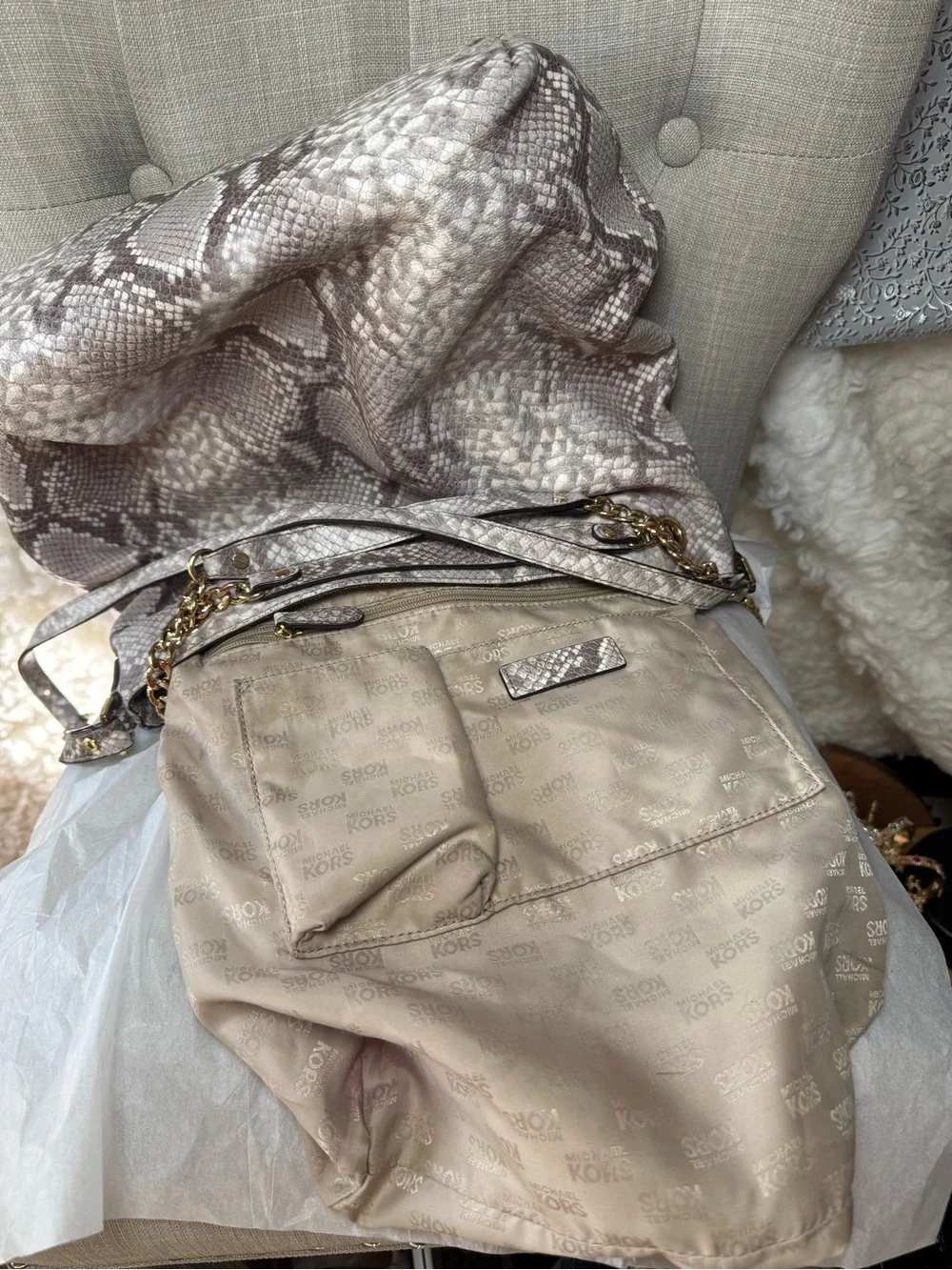 Michael Kors Beige Snake-Print Shoulder Tote with Matching Wallet
